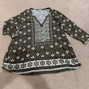 Lucky Brand Top 3/4 Sleeve Boho Peasant V-neck Olive Green White Block Print 2X